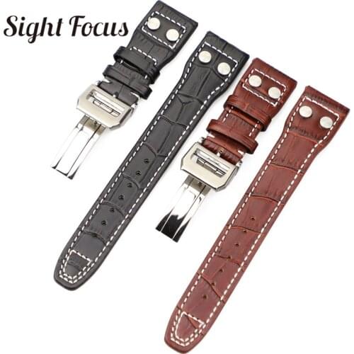 22mm Studded Genuine Leather Strap for IWC PILOT Mark 17 WATCHES Folding Buckle Croc Grain with Nail Watches Bands Accessories