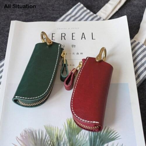 Luxury Car Key Case Male First Layer Cow Leather Top End Handmade Women Housekeeper Zipper Key Organizer Holder Keychain