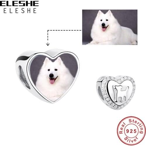 ELESHE 100% 925 Sterling Silver Pet Dog Charm Bead Fit Original Charm Bracelet DIY Custom Photo Heart Charm Personalized Jewelry