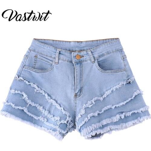Casual Blue Shorts For Women High Waist Patchwork Ruffles Pockets Asmmetrical Slim Short Pant Female 2021