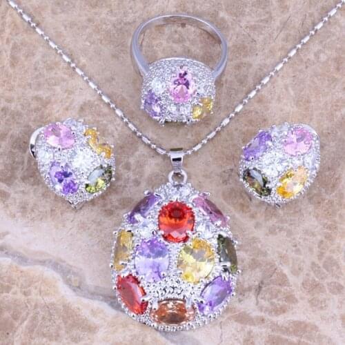 Tantalizing Multicolor Red Garnet Silver Plated Jewelry Sets Earrings Pendant Ring Size 6 / 7 / 8 / 9 / 10 S0245