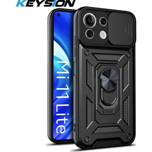 KEYSION Shockproof Case for Xiaomi Mi 11 Lite 5G Ring Stand Push Pull Camera Protection Phone Cover for Xiaomi Mi 11i 11X Pro