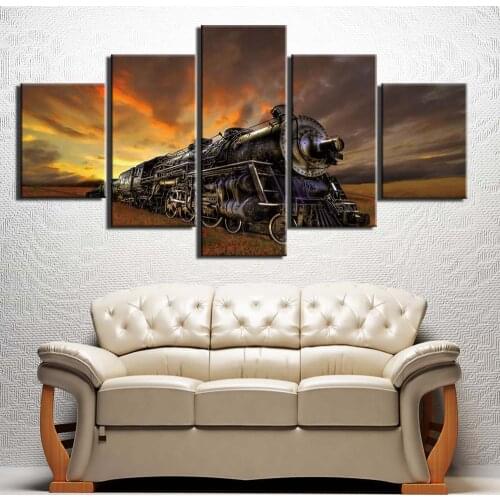 Vintage Train Posters and Prints Landscape 5 Pieces Canvas Painting Wall Art Picture for Living Room Home Decor