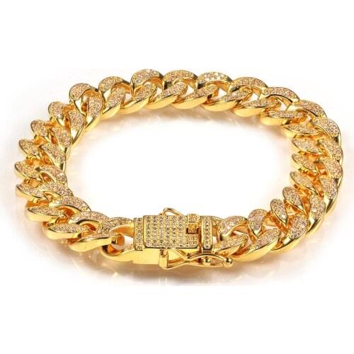 12mm Mens High Quality Hip Hop Bracelet Golden Bracelet Rock Stainless Steel Miami Cuban Chain Mens Zircon Bracelet