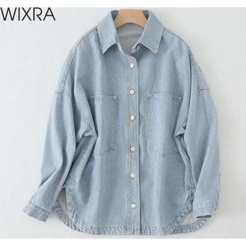 Wixra Women Denim Jacket Loose Turn Down Collar Femme Casual Classic Jeans Colthes Autumn All-Match Outwear Coats