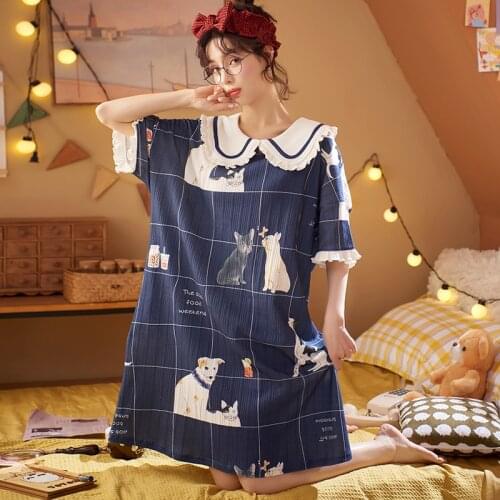 "M-4XL" Womens Homedress Knee-Length Nightdress Plus Size Nightgowns Girls Sleepwear Cotton Sleepshirts Loose Home Clothing