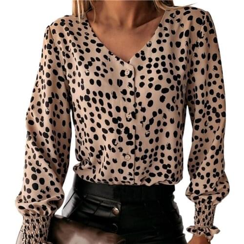 Womens Oversize Shirt Dot Print V-Neck Fashion Single Breasted Long Sleeve Pleated Cuff Autumn Shirt Ladies Clothing Tops 2021