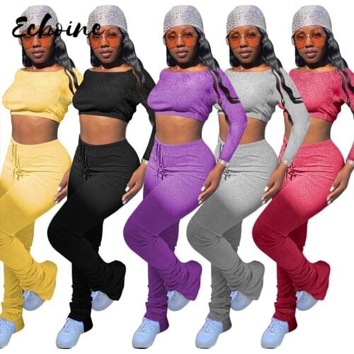 Womens Set Off Shoulder Crop Tops Stacked Flare Pants Suit Tracksuit Sport Two Piece Set Fitness Outfits Plus Size S-2XL