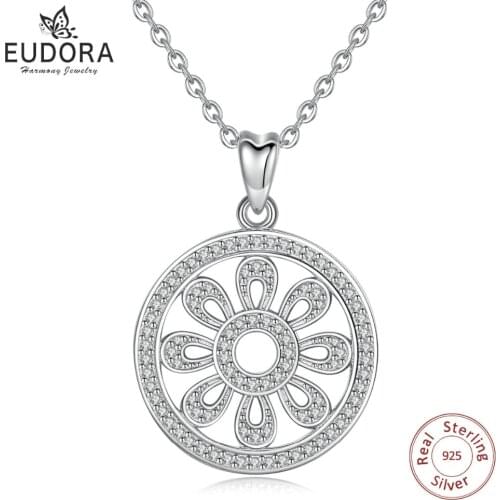 EUDORA Unique 925 Sterling Silver Cubic Zirconia Daisy Flower Pendant Necklace For Women Fashion Sliver Jewelry girl Gift CYD328