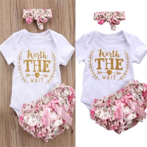 PUDCOCO 3PCS Newborn Infant Baby Girls Outfit Clothes Romper Jumpsuit Bodysuit+Pants Set