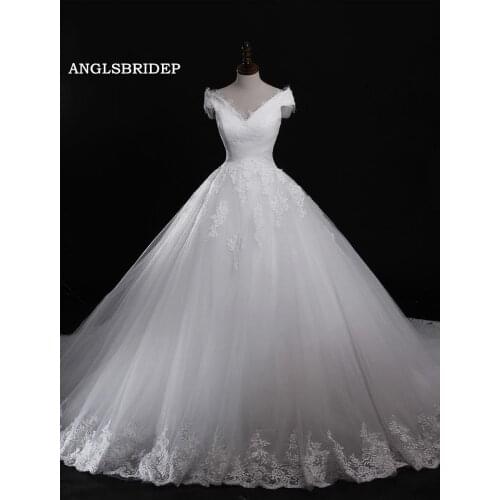 ANGELSBRIDE V-Neck Ball Gown Wedding Dresses Vestido De Noiva Applique Floor-Length Tulle Bridal Gown Formal Bride Dress