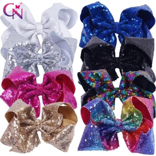 CN 8Pcs/lot 8" Sequin Hair Bows With Clips For Kids Girls Handmade Large Bling Rainbow Sequin Bows Hairgrips Hair Accessories