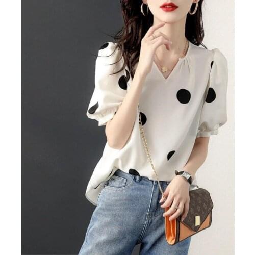 Women Oversized Shirt Turn Down Collar Loose Summer Tops 2021 Polka Dot Print Blouse Elegant Female Casual Button Fashion Shirts