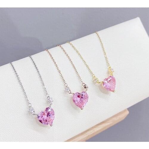 BOTU 2021 Korean-Style Fashion Pink Heart Zircon Pendant Necklace Elegant Fashionable Micro-Inlaid Ornament Jewelry for Women