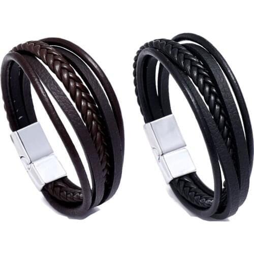 Handmade Genuine Leather Bracelet for Men Layered Bracelet Bangle Alloy Magnetic Clasp Wristband Hand Jewelry Friendship Gifts
