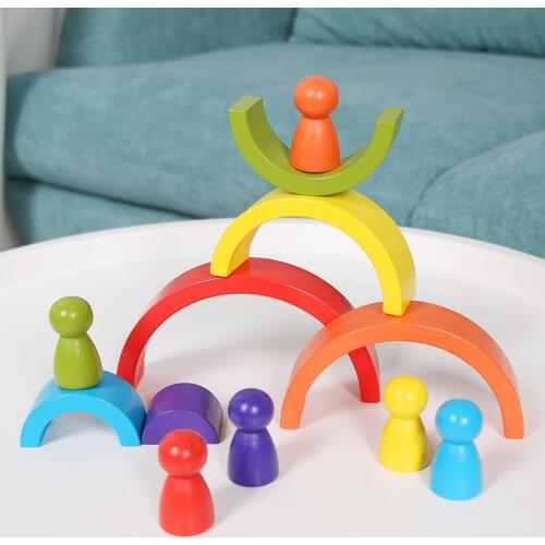 Wooden Rainbow Blocks Montessori Creative Rainbow Building Blocks Wooden Stacking Toy Colorful rainbow Children Educational Toys