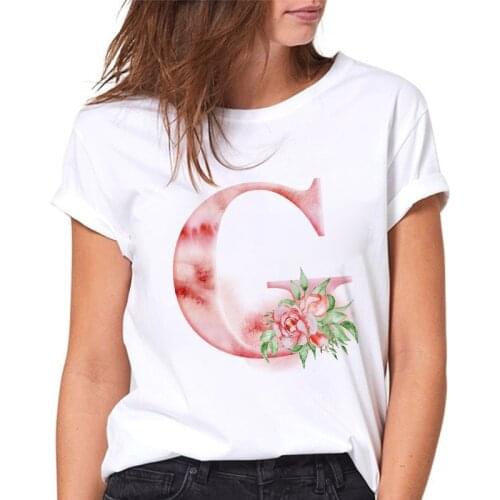 Fashion Ladies T-shirt 26 Alphabet G Flowers Print Female Tshirts Harajuku Casual White woman Tees Casual Summer tshirt femme