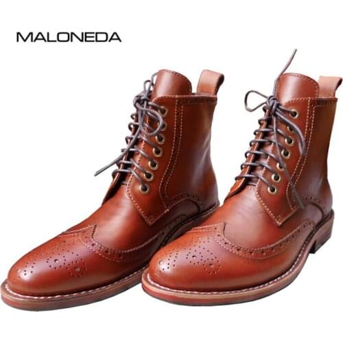 MALONEDE Bespoke Male Handmade Goodyear Brogue Style Full Genuine Leather Short Boots for Spring Autumn Footwear