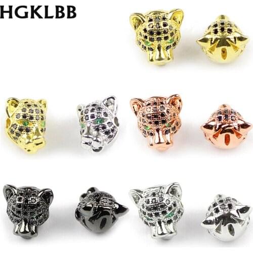 HGKLBB Micro Pave Black Zircon Leopard head Copper beads Spacer 2pcs Loose beads for Jewelry making bracelets DIY Findings