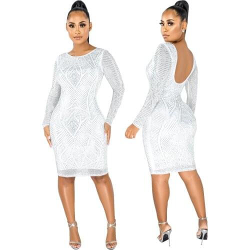 Fashion O Neck Long Sleeve Package Bodycon White Dress Women Elegant Party Club Backless Sexy Dress Female Casual Work Wear 2021