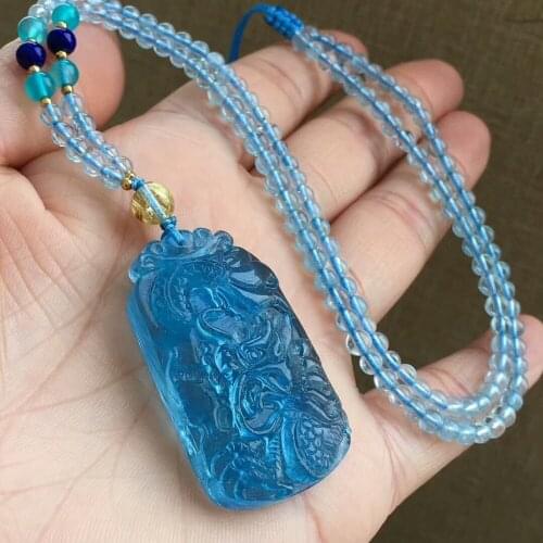 Natural Aquamarine Deep Blue Pendant 43x25x11mm Dragon Craved Women Necklace Blue 5mm Round Beads Clear Aquamarine AAAAAA