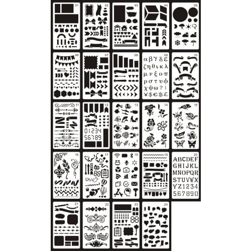 OWLHO Hot Sale 24pcs A6 Bullet Journal Stencil Set Plastic Planner Math Graphics Greek Alphabet Diary Decor Troqueles Letras