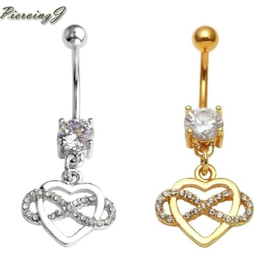 PiercingJ 2pcs Belly Piercing 14G Steel Infinity stainless steel Crystal Heart Barbell Button Belly Navel Ring Piercing jewelry