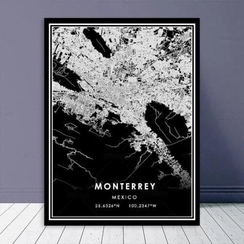Poster MONTERREY Map Black White Nordic Living Room Decoration Road Line Canvas Print Painting Modern Home Decor Art