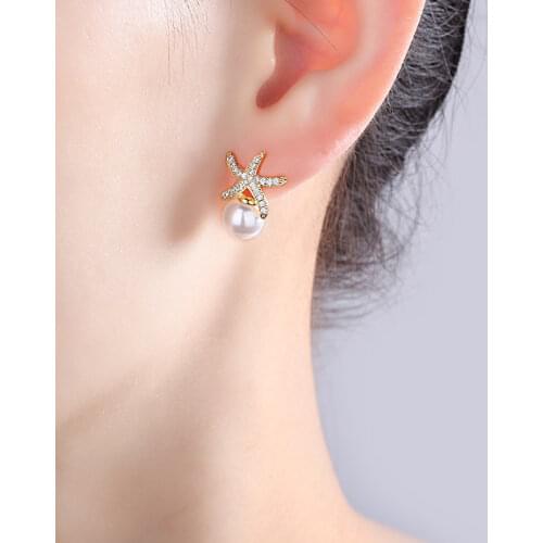 Lovely Sea Star Trendy Stud Earrings For Women Crystal Zirconia Imitation Pearls Golden/White Cute Piercing Earring Jewelry Gift