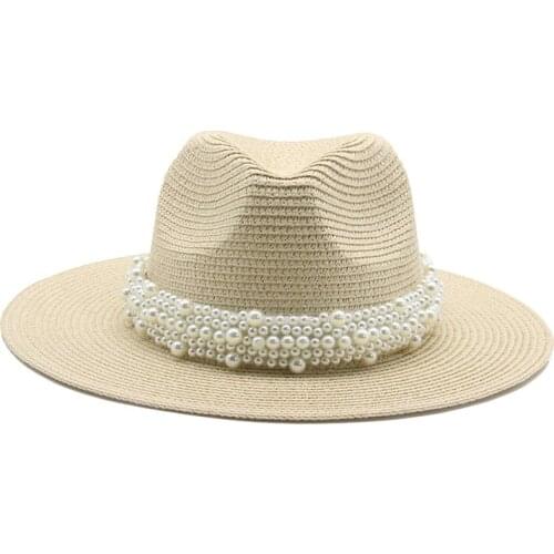 Richkeda Store New 2021 Sun Hats Women Men Summer Spring Wide Brim Band Belt Pearl Straw Hats Handmade Outdoor Beach Sun