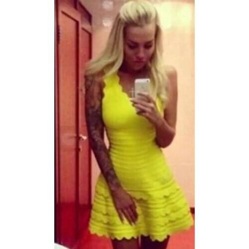 Sexy clubwear ruffles sleeveless women celebrity casual vestidos bodycon party evening bandage dress yellow pink geen blue
