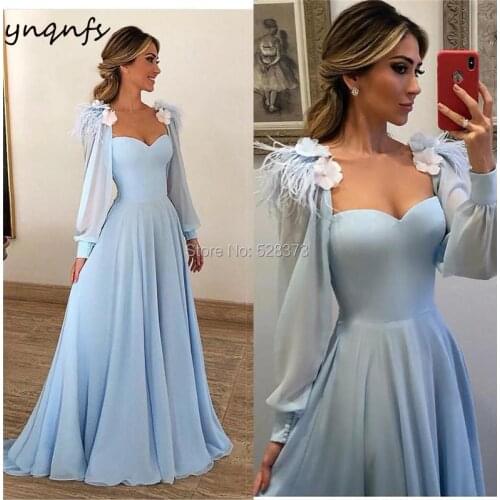 YNQNFS M81 Feather Formal Dress Illusion Long Sleeve Mother of the Bride Chiffon Dress Party Vestido de Festa