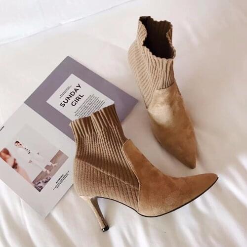 Stretch boot woman sock botas mujer thin high heels shoes woman pointed toe Chelsea boots woolen ankle short boot famous brand