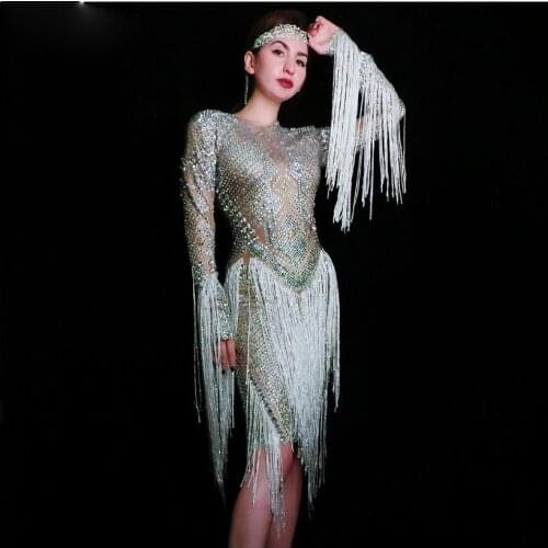 Silver Stones White Tassel Strech Dress singer women sparkly evening dresses stage show wear