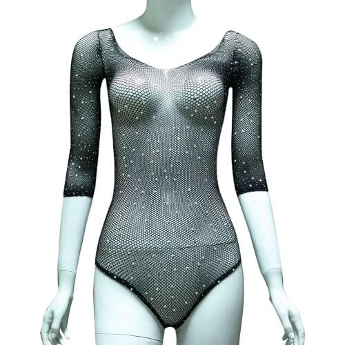 Women Sexy Rhinestone Bodysuit Sparkle Fishnet Girl Deep V Neck Teddy Long Sleeve See Through Sheer Party One Piece Bodysuit