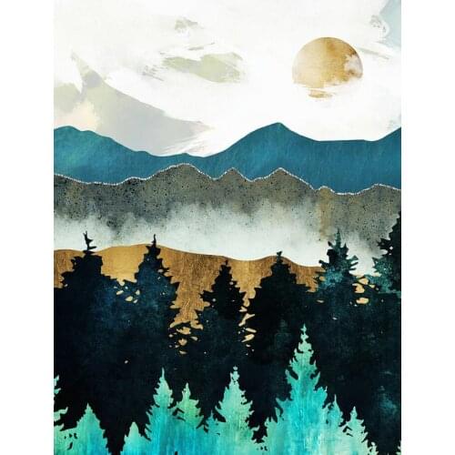 Gold Abstract Geometric Mountain Forest Wall Art Posters Nordic Fog Landscape Canvas Painting Modern Living Room Home Decoration