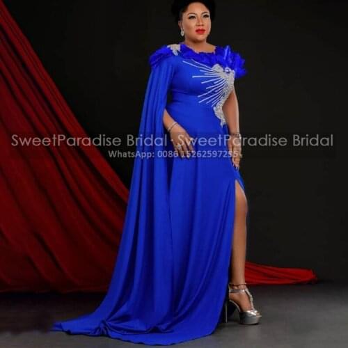 2021 Royal Blue Side Split Evening Dresses With Streamer White Appliques Red Carpet Dress Party Formal Albanische Kleider