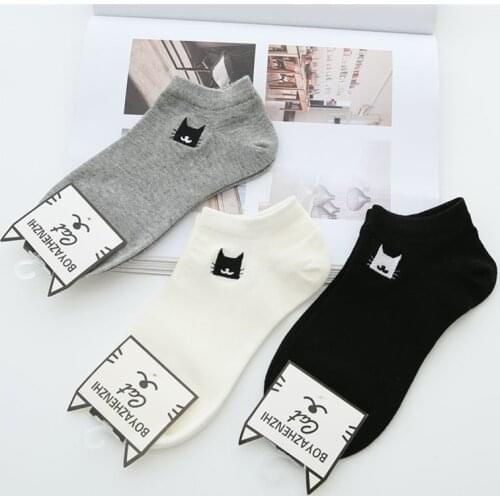 3pair/lot Spring cartoon embroidery cat socks for women cotton female casual cute short socks ankel sock mujer meias 2019