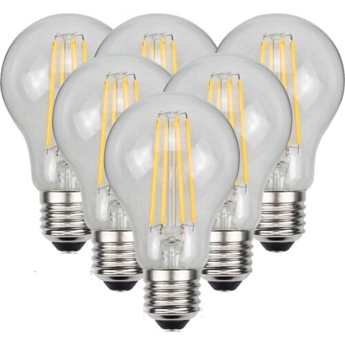 6PCS E27 Bombilla Retro Edison LED Bulb 4W 6W 8W LED Lamp Filament Light 110V 220V Warm white A60,Vintage Glass Lamp For indoor