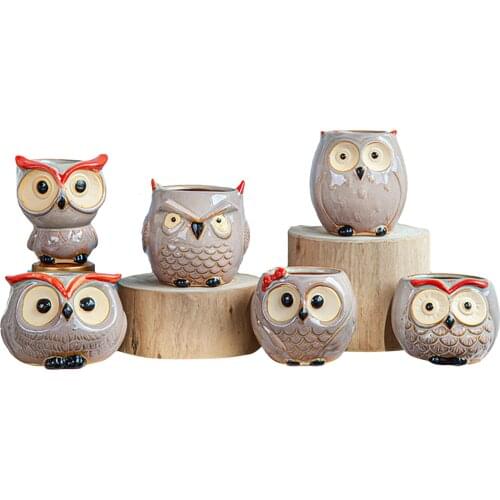 6 Pieces Flower Pot, Mini Cartoon Owl Shape Ceramic Vase Decorative Craftwork for Sitting Room Office