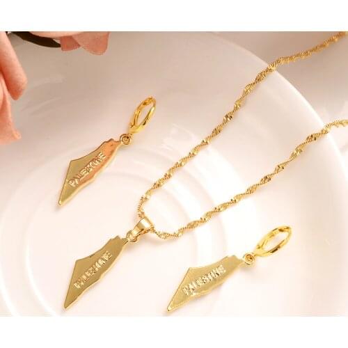 9 k Fine Solid Yellow THAI BAHT G/F Gold Pendant Earrings Palestine map Necklace Patriot Honour Charms party Chain Women Jewelry
