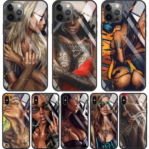Phone Case For iphone 12 11 pro max 12 mini xs xR X 8 7 6 6S Plus SE Tempered Glass Caso Smartphone Hot Sexy Sleeve Tattoo Girl