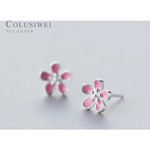 COLUSIWEI Genuine 925 Sterling Selive Cute Pink Peach Studs Earrings for Women Enamel Plant Ear Studs Pin Fashion Jewelry Bijoux