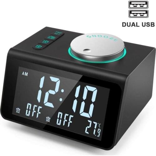 Dreamburgh Digital Alarm Clock FM Radio Snooze Mute Desktop Electronic Table clocks Temperature Dual USB Port Desktop Clock
