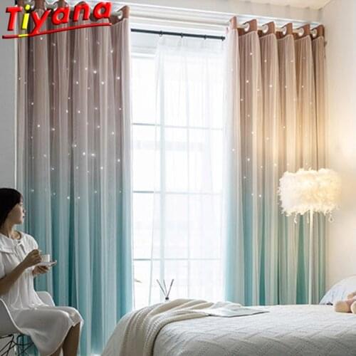 Double Gradient Pink/Blue Star Curtains for Living Room Romantic Hollow Out Stars Curtains for Bedroom Roman Window X-HM677 #VT