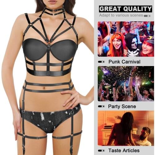 Gothic Collar Body Harness Bondage Lacing Straps Set Bdsm Garter Socking Belt Sexy Womens Erotic Lingerie Punk Rave Adult Games