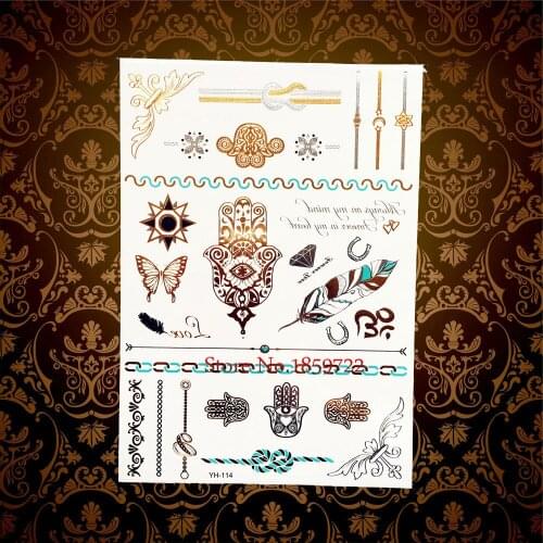 Hot Fashion Hamsa Fatima Gold Flash Water Transfer Temporary Tattoos HY114 Eye Hand Designs Women Removable Tattoo Henna Feather