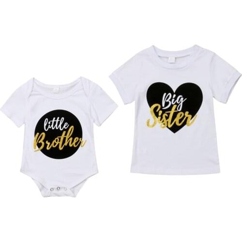 2019 New Toddler Kids Big Sister Cotton T-shirt Little Brother Bodysuit Romper Short Sleeve Letter Family Match Clothes