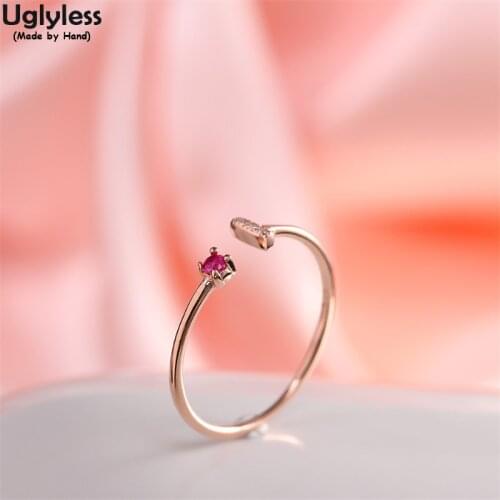 Uglyless Anti-fading Rose Gold Crystals Rings for Women Ultra-thin Open Rings Real 925 Silver Heart-shape Dress Jewelry Hollow