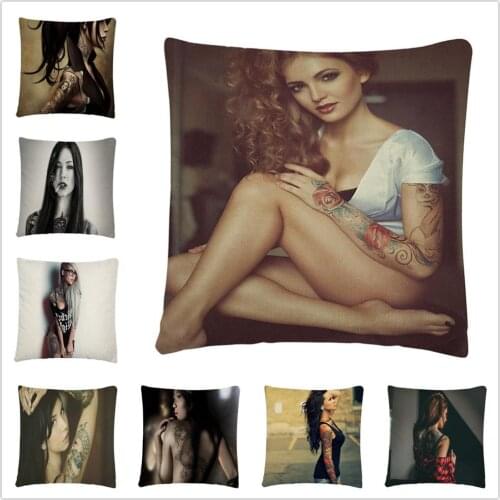 Beautiful Tattoo Girl Live-Action Image Linen Cushion Cover Pillow Case for Home Sofa Car Decor Pillowcase 45X45cm
